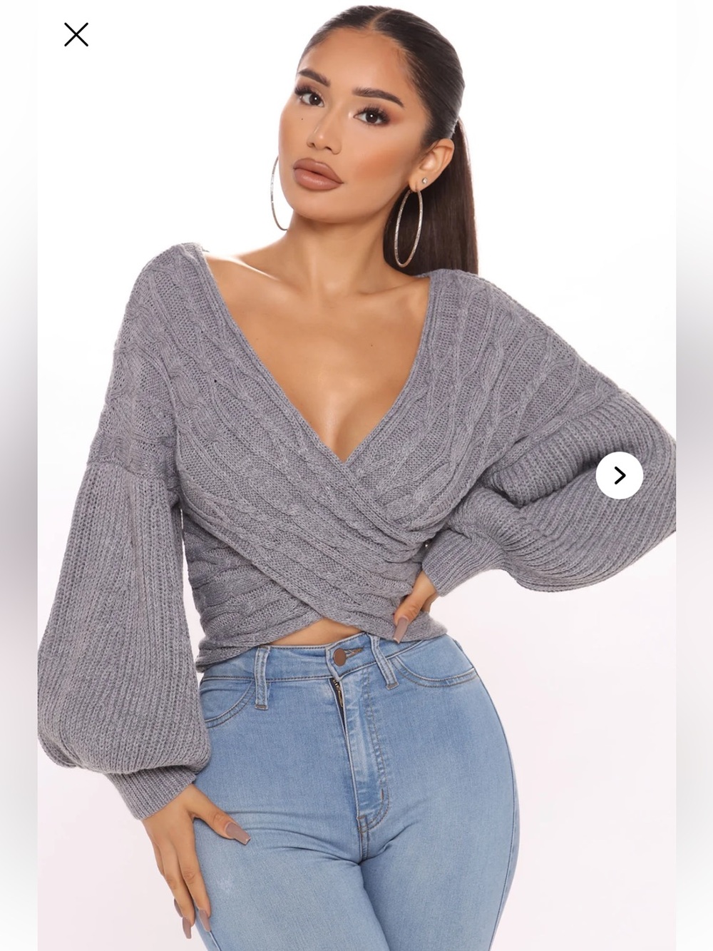 Grey Wrap Cable-Knit V-Neck Sweater